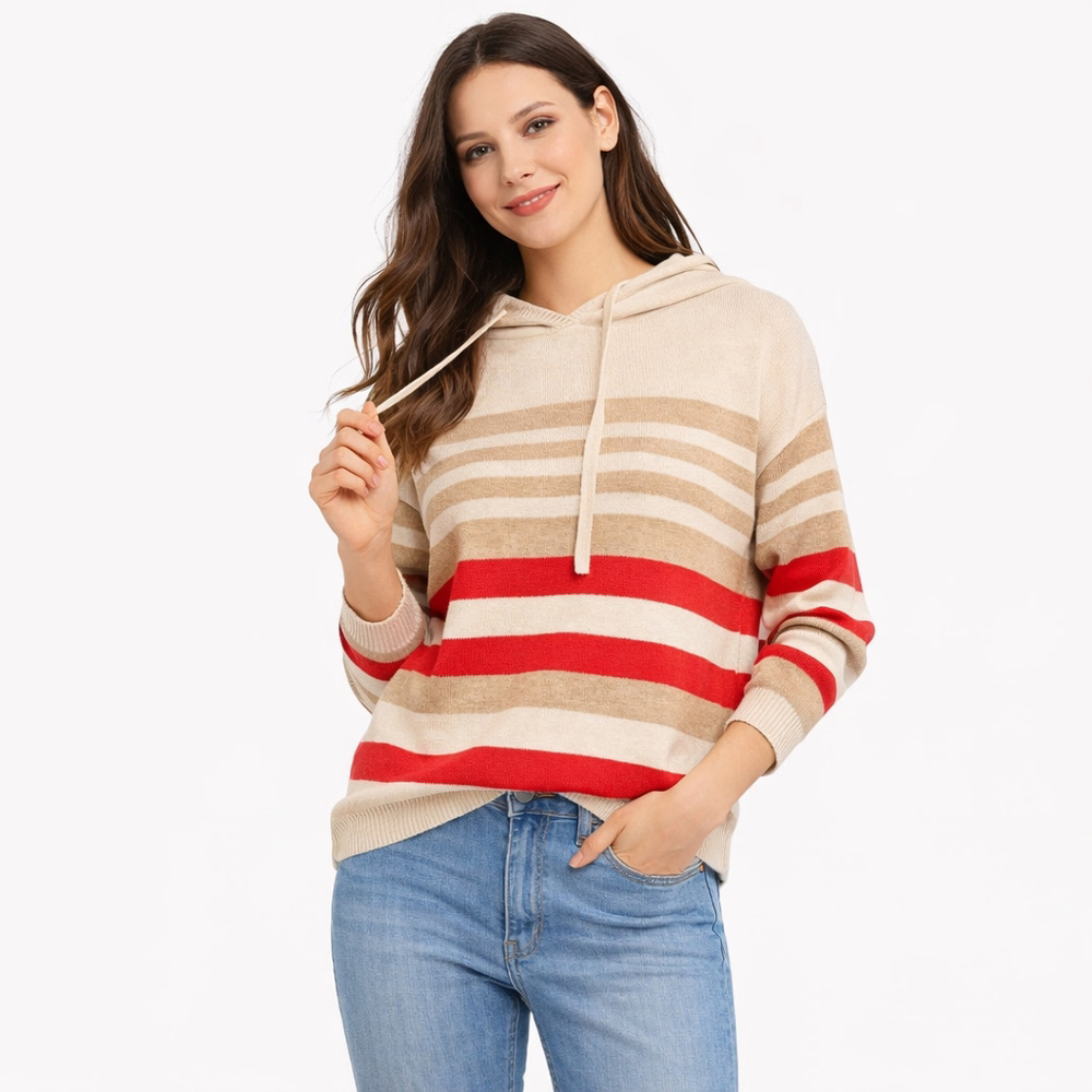 NWT Women's LOFT Outlet Striped Hoodie Sweater M Beige Red